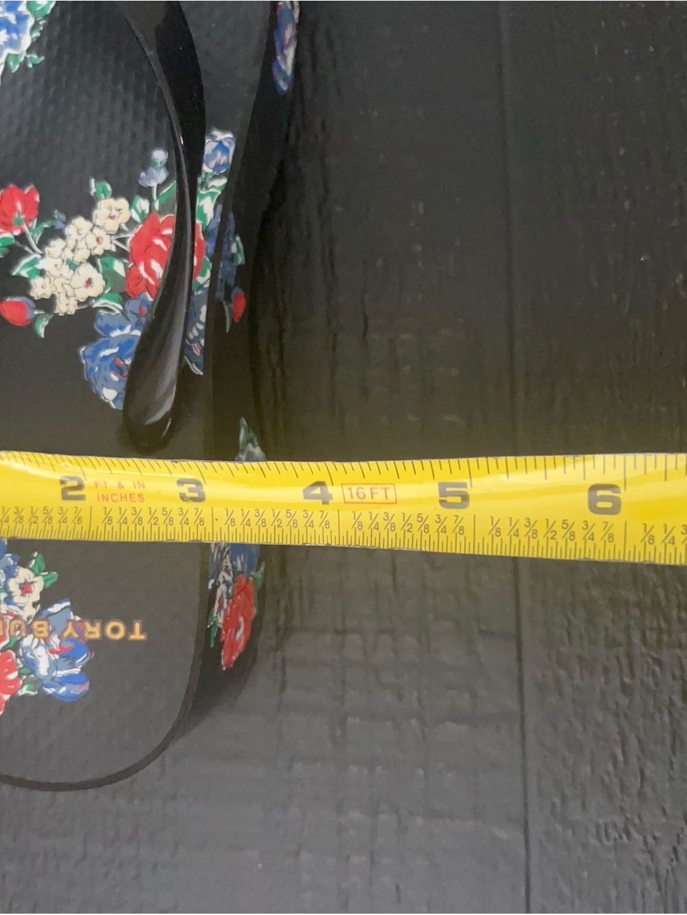 Tory Burch Black Sandal with Red & Blue Floral Print and Gold Logo - Picture 3 of 7